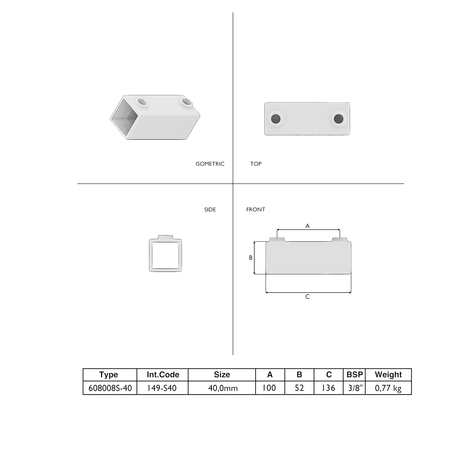 Koppelstuk 90º 40 mm vierkant