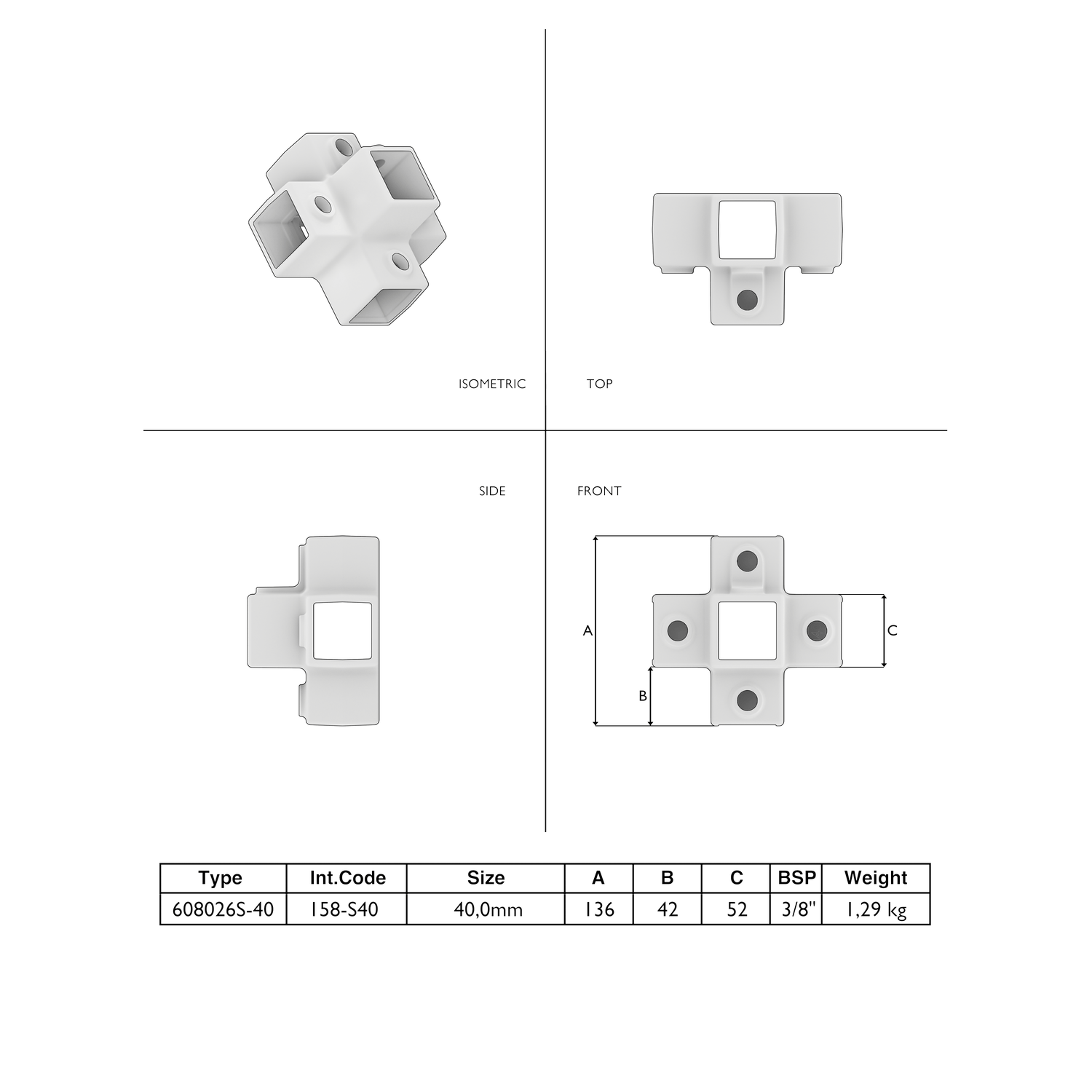 Kruisstuk 4-weg 40 mm vierkant