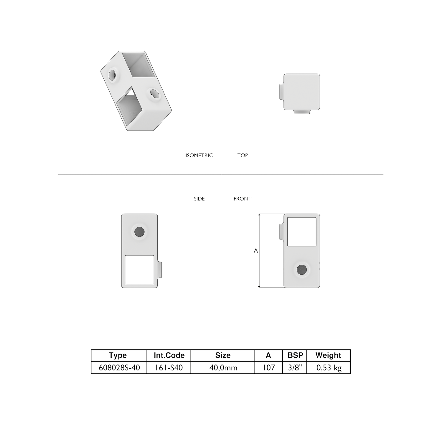 Kruisstuk 90º 40 mm vierkant