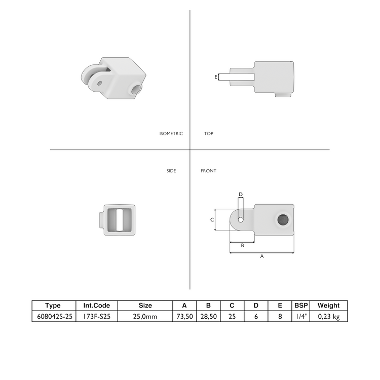 Hulsdeel scharnierstuk 25 mm vierkant