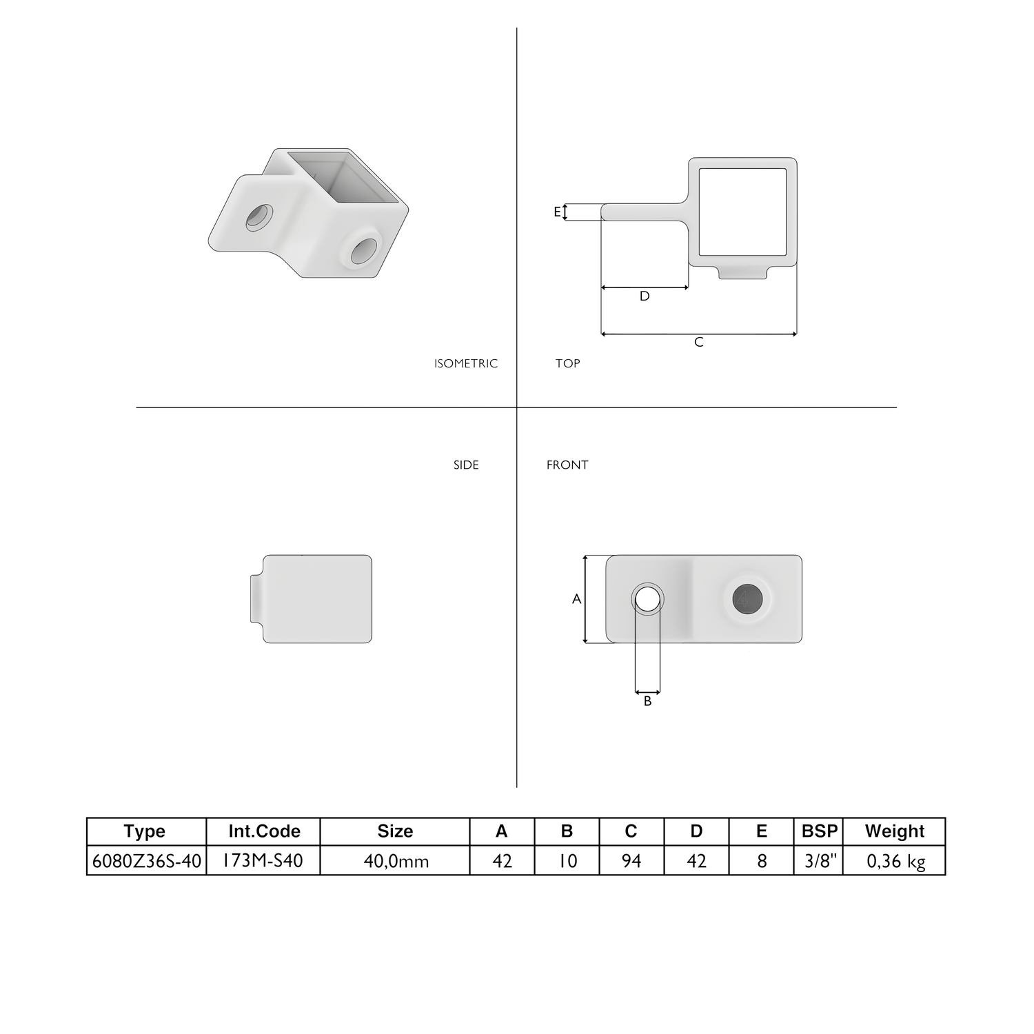 Oogdeel scharnierstuk zwart 40 mm vierkant
