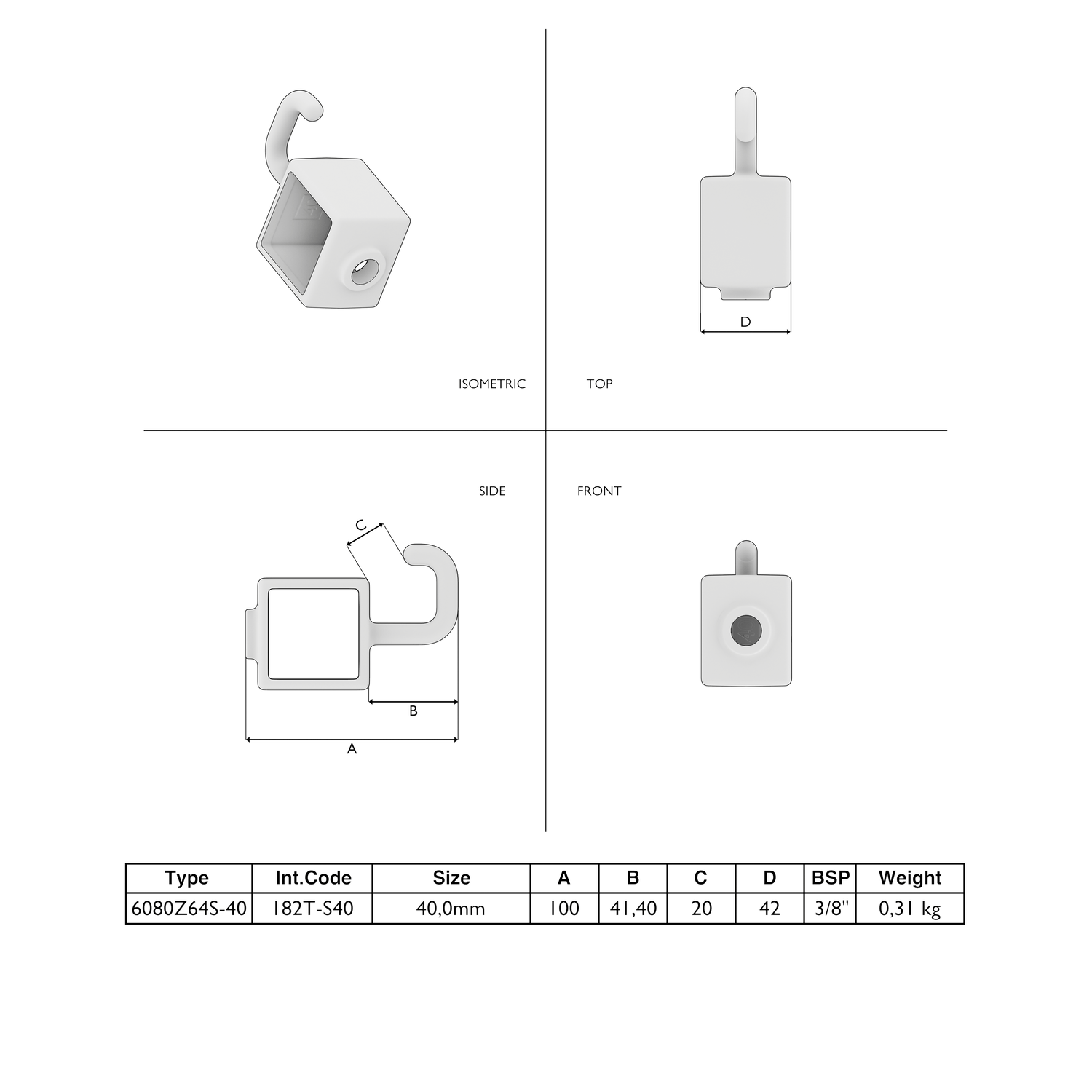 Kapstokhaak zwart 40 mm vierkant