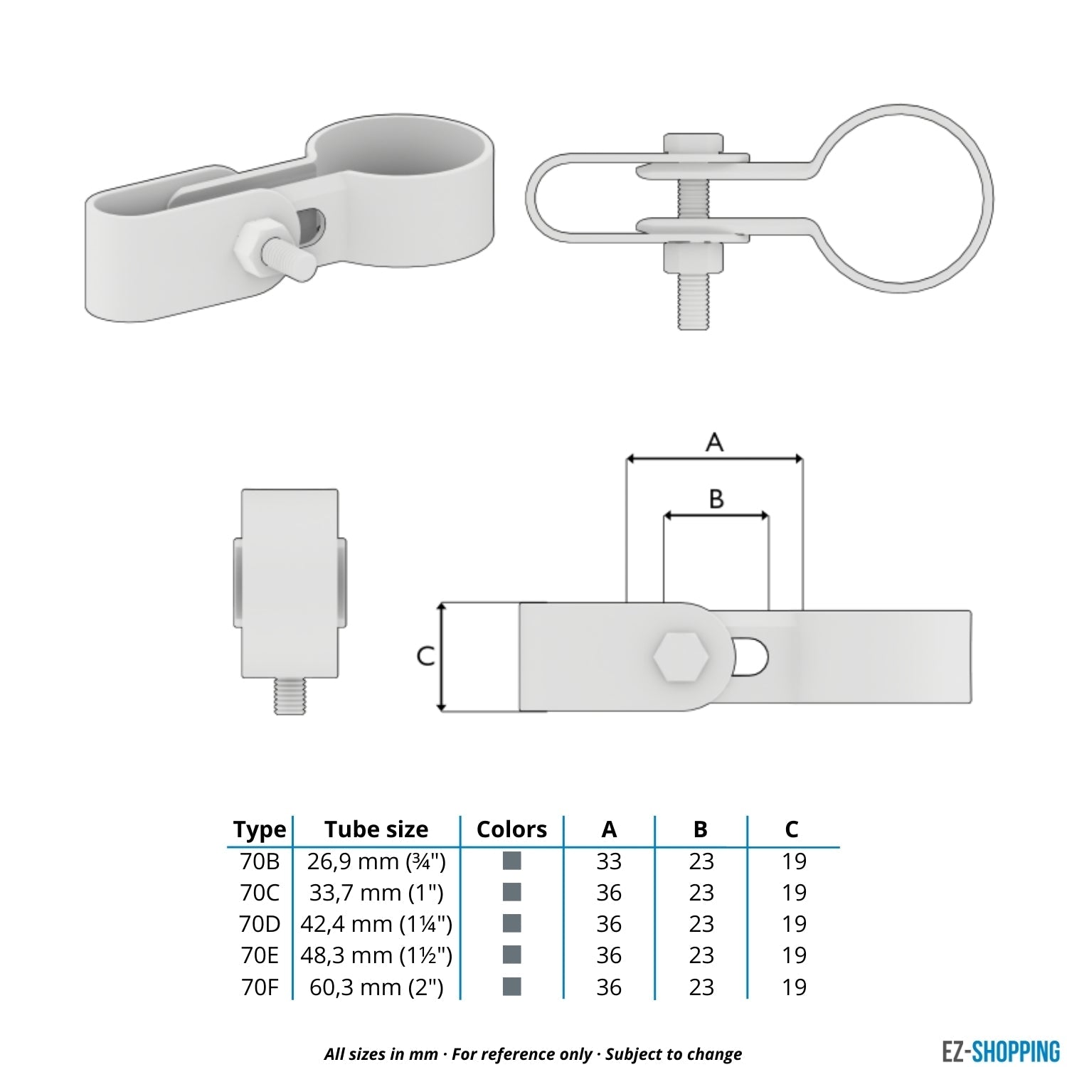 Buiskoppeling Gaasclip enkel 60,3 mm - maattabel - technische tekening (Steigerbuisstunter.nl)