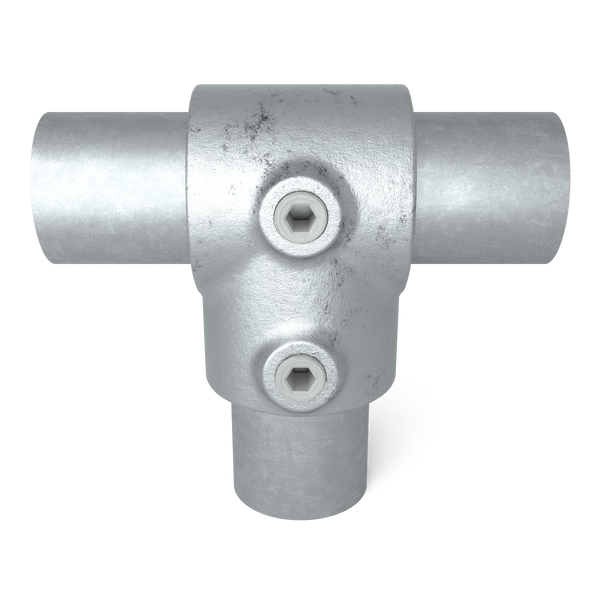 Buiskoppeling T-stuk kort 21,3 mm - vooraanzicht met buizen (Steigerbuisstunter.nl)