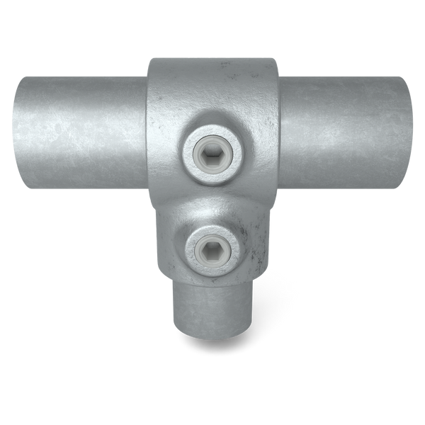 Buiskoppeling T-stuk kort verloop 42,4 mm - 33,7 mm - vooraanzicht met buizen (Steigerbuisstunter.nl)