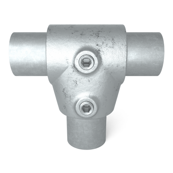 Buiskoppeling T-stuk kort ±11º 33,7 mm - vooraanzicht met buizen (Steigerbuisstunter.nl)