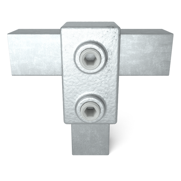 Buiskoppeling T-stuk kort 25 mm vierkant - vooraanzicht met buizen (Steigerbuisstunter.nl)