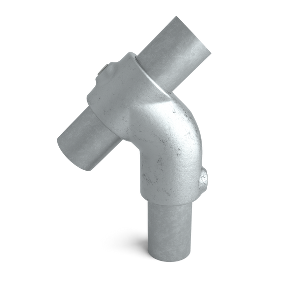 Buiskoppeling T-stuk kort 45° 42,4 mm - vooraanzicht met buizen (Steigerbuisstunter.nl)