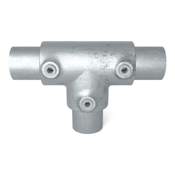 Buiskoppeling T-stuk lang 33,7 mm - vooraanzicht met buizen (Steigerbuisstunter.nl)
