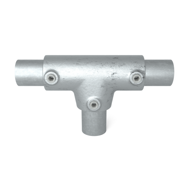 Buiskoppeling T-stuk lang ±11º 33,7 mm - vooraanzicht met buizen (Steigerbuisstunter.nl)