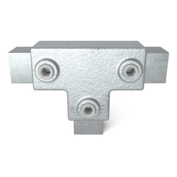 Buiskoppeling T-stuk lang 25 mm vierkant - vooraanzicht met buizen (Steigerbuisstunter.nl)