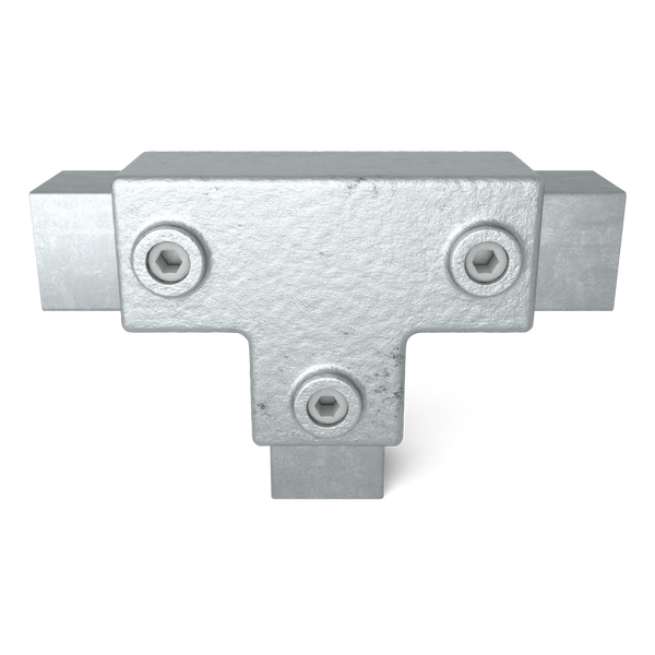 Buiskoppeling T-stuk lang 40 mm vierkant - vooraanzicht met buizen (Steigerbuisstunter.nl)