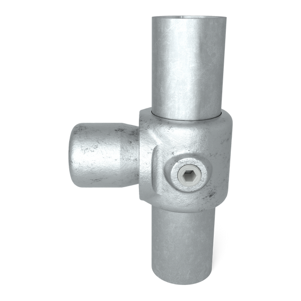 Buiskoppeling T-stuk intern draaibaar 33,7 mm - vooraanzicht met buizen (Steigerbuisstunter.nl)