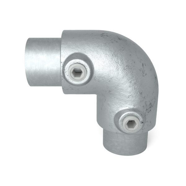 Buiskoppeling Kniestuk 2-weg 90º 48,3 mm - vooraanzicht met buizen (Steigerbuisstunter.nl)