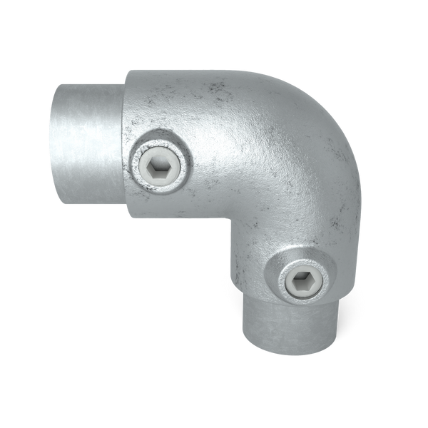 Buiskoppeling Kniestuk 2-weg 90º verloop 48,3 mm - 42,4 mm - vooraanzicht met buizen (Steigerbuisstunter.nl)