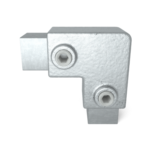 Buiskoppeling Kniestuk 2-weg 90º 25 mm vierkant - vooraanzicht met buizen (Steigerbuisstunter.nl)