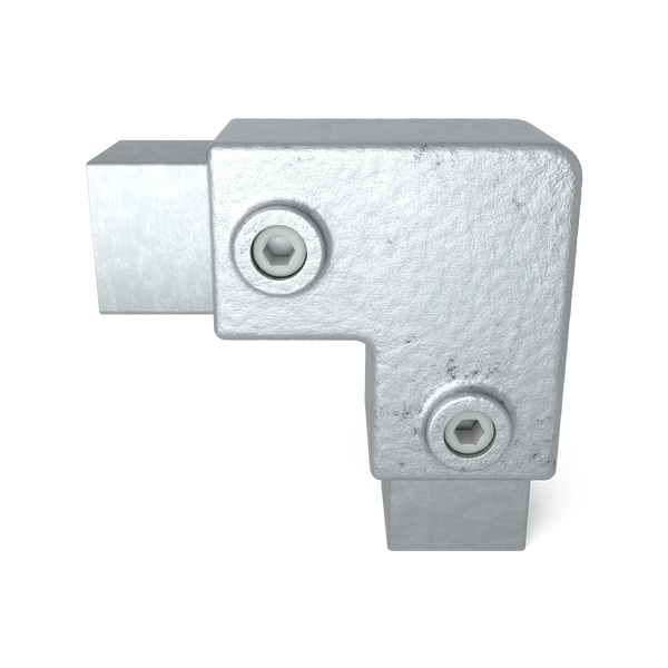 Buiskoppeling Kniestuk 2-weg 90º 40 mm vierkant - vooraanzicht met buizen (Steigerbuisstunter.nl)