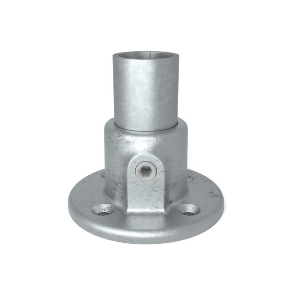 Buiskoppeling Voetplaat rond 33,7 mm - vooraanzicht met buizen (Steigerbuisstunter.nl)