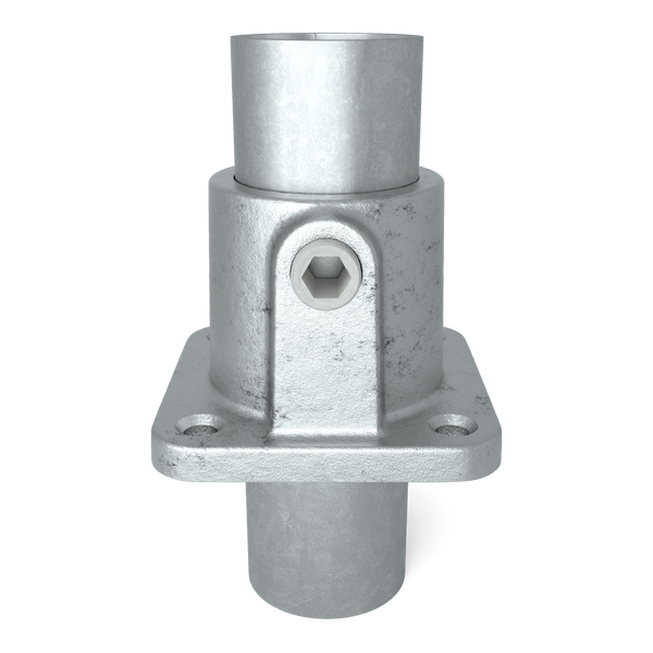 Buiskoppeling Voetplaat vierkant 33,7 mm - vooraanzicht met buizen (Steigerbuisstunter.nl)