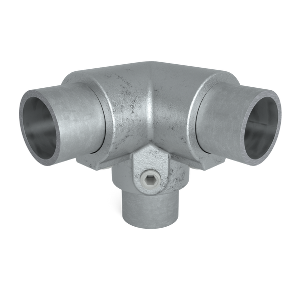 Buiskoppeling Kniestuk 3-weg 90º 21,3 mm - vooraanzicht met buizen (Steigerbuisstunter.nl)