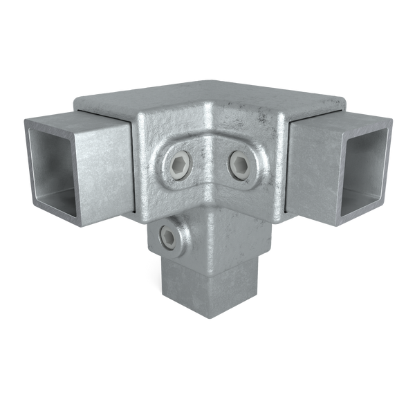 Buiskoppeling Kniestuk 3-weg 90º 40 mm vierkant - schuin aanzicht met buizen (Steigerbuisstunter.nl)