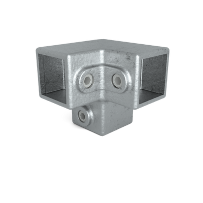 Buiskoppeling Kniestuk 3-weg 90º 40 mm vierkant - schuin aanzicht buiskoppeling (Steigerbuisstunter.nl)