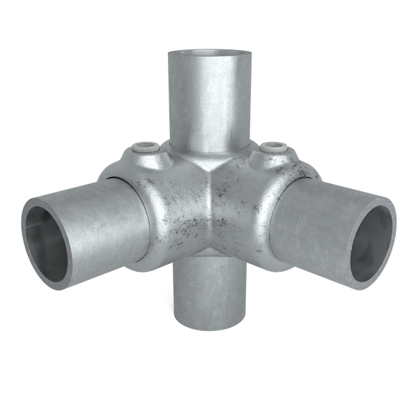 Buiskoppeling Hoekstuk 90º 33,7 mm - vooraanzicht met buizen (Steigerbuisstunter.nl)