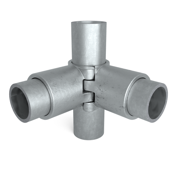 Buiskoppeling Hoekstuk 90º klapbaar 48,3 mm - vooraanzicht met buizen (Steigerbuisstunter.nl)