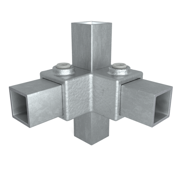 Buiskoppeling Hoekstuk 90º 25 mm vierkant - vooraanzicht met buizen (Steigerbuisstunter.nl)