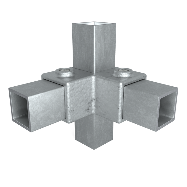 Buiskoppeling Hoekstuk 90º 40 mm vierkant - vooraanzicht met buizen (Steigerbuisstunter.nl)