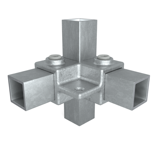 Buiskoppeling Hoekstuk 90º met bevestigingplaat 25 mm vierkant - vooraanzicht met buizen (Steigerbuisstunter.nl)