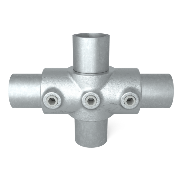 Buiskoppeling Kruisstuk 1-vlak 33,7 mm - vooraanzicht met buizen (Steigerbuisstunter.nl)