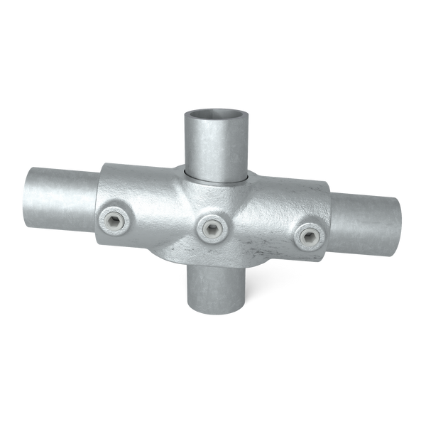 Buiskoppeling Kruisstuk 1-vlak ±11º 33,7 mm - vooraanzicht met buizen (Steigerbuisstunter.nl)