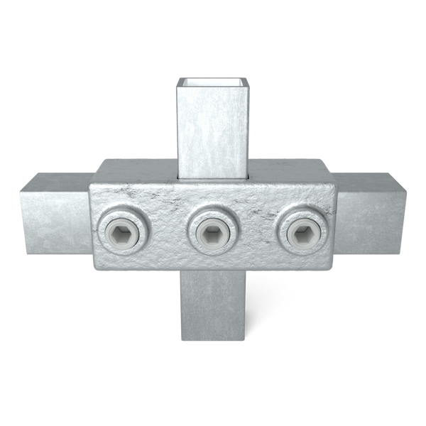 Buiskoppeling Kruisstuk 1-vlak 25 mm vierkant - vooraanzicht met buizen (Steigerbuisstunter.nl)