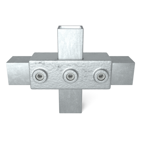 Buiskoppeling Kruisstuk 1-vlak 40 mm vierkant - vooraanzicht met buizen (Steigerbuisstunter.nl)