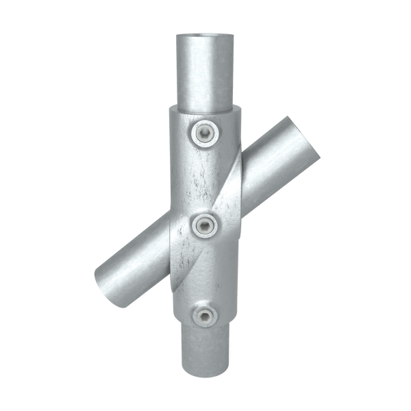 Buiskoppeling Kruisstuk 45º - 60º 42,4 mm - vooraanzicht met buizen (Steigerbuisstunter.nl)