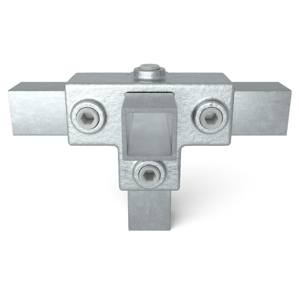 Buiskoppeling T-stuk zij-uitgang 25 mm vierkant - vooraanzicht met buizen (Steigerbuisstunter.nl)
