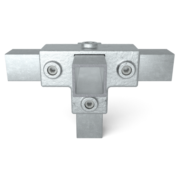 Buiskoppeling T-stuk zij-uitgang 40 mm vierkant - vooraanzicht met buizen (Steigerbuisstunter.nl)