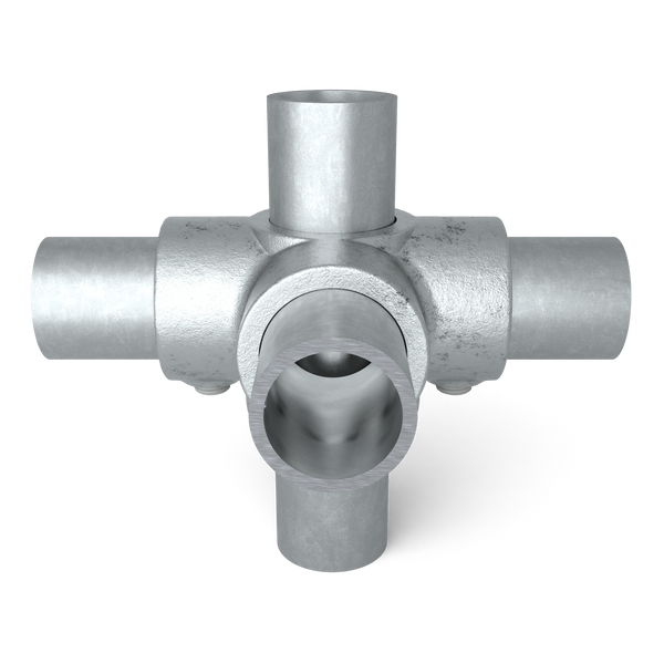 Buiskoppeling Kruisstuk 4-weg 60,3 mm - vooraanzicht met buizen (Steigerbuisstunter.nl)