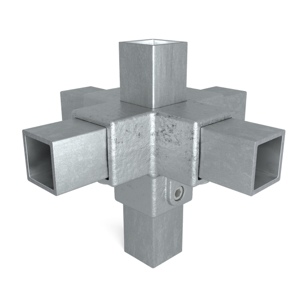 Buiskoppeling Kruisstuk 4-weg 40 mm vierkant - vooraanzicht met buizen (Steigerbuisstunter.nl)