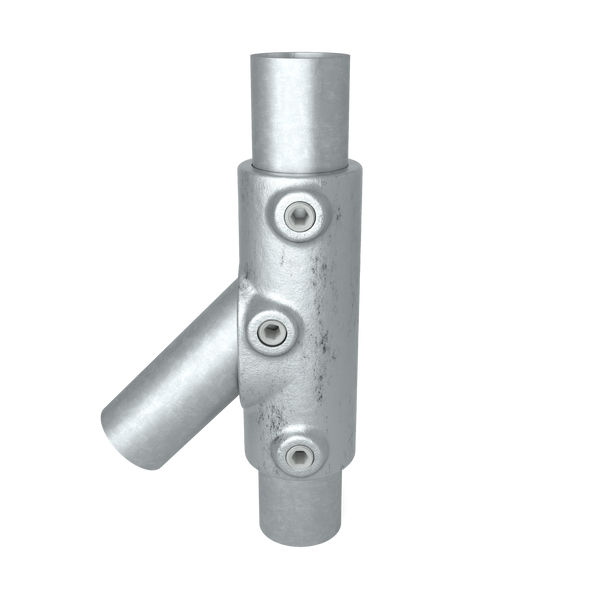 Buiskoppeling T-stuk lang 45° - 60° 33,7 mm - vooraanzicht met buizen (Steigerbuisstunter.nl)