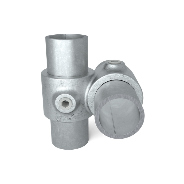 Buiskoppeling Kruisstuk 90º 42,4 mm - vooraanzicht met buizen (Steigerbuisstunter.nl)