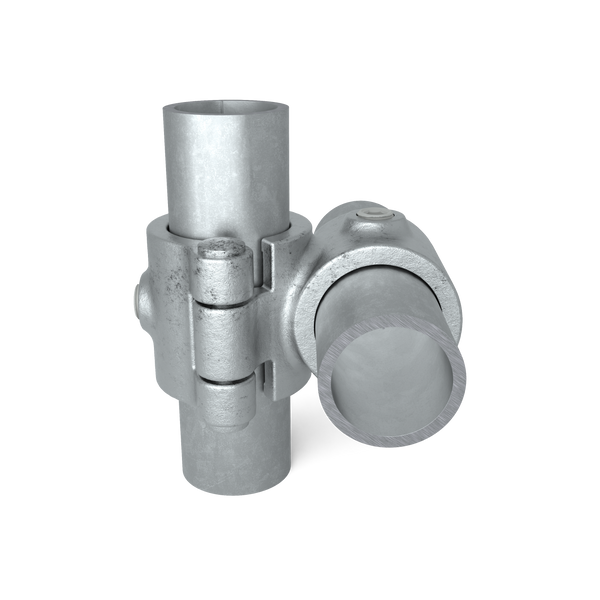 Buiskoppeling Kruisstuk 90º klapbaar 33,7 mm - vooraanzicht met buizen (Steigerbuisstunter.nl)