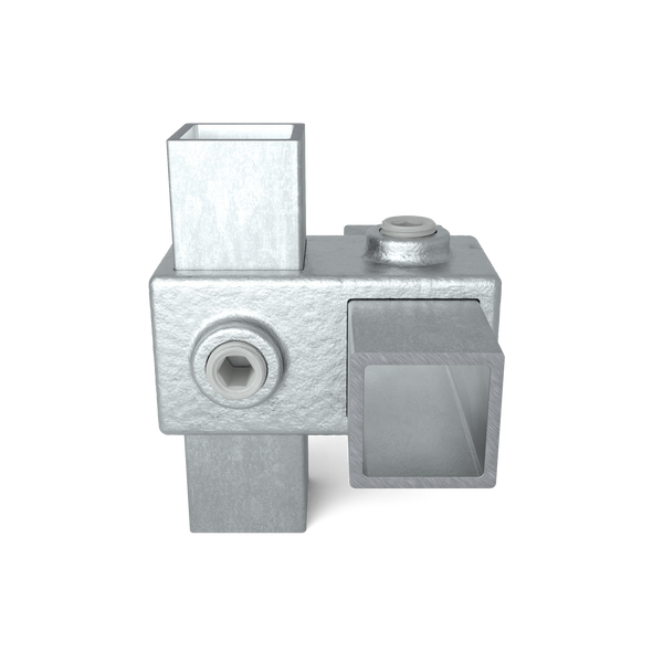 Buiskoppeling Kruisstuk 90º 25 mm vierkant - vooraanzicht met buizen (Steigerbuisstunter.nl)