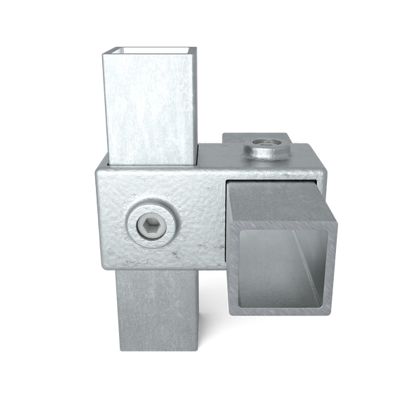 Buiskoppeling Kruisstuk 90º 40 mm vierkant - vooraanzicht met buizen (Steigerbuisstunter.nl)