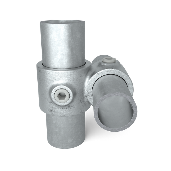 Buiskoppeling Kruisstuk 90º verloop 26,9 - 33,7 mm - vooraanzicht met buizen (Steigerbuisstunter.nl)