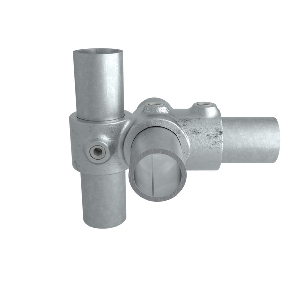 Buiskoppeling Combi T-Kruisstuk 42,4 mm - vooraanzicht met buizen (Steigerbuisstunter.nl)