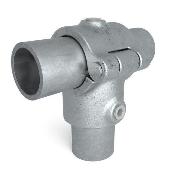 Buiskoppeling T-stuk klapbaar 42,4 mm - schuin aanzicht met buizen (Steigerbuisstunter.nl)