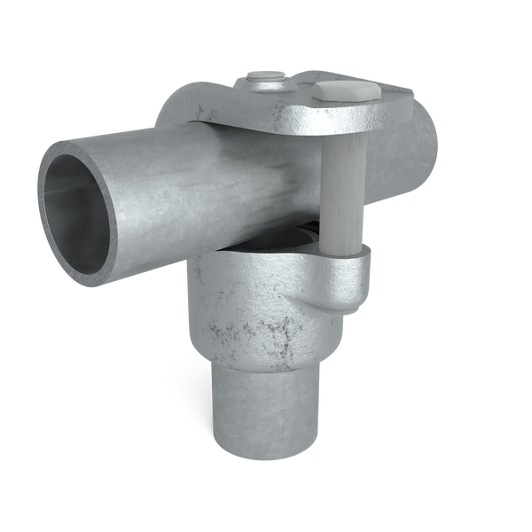 Buiskoppeling T-stuk open 60,3 mm - vooraanzicht met buizen (Steigerbuisstunter.nl)