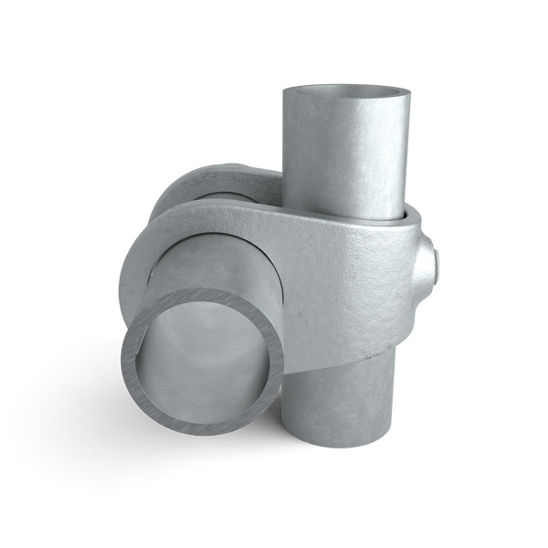 Buiskoppeling Kruisstuk open 33,7 mm - vooraanzicht met buizen (Steigerbuisstunter.nl)